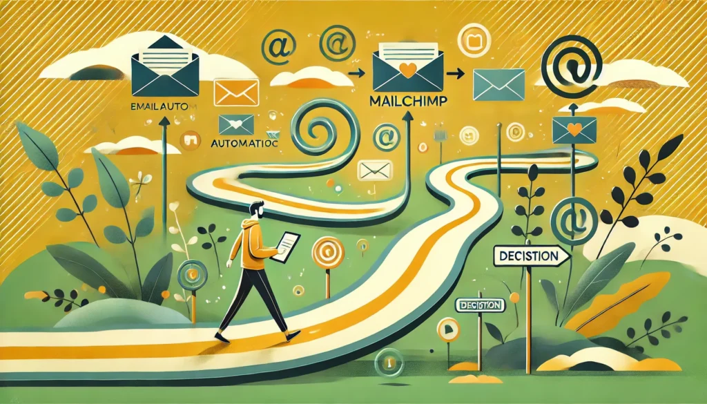 Ilustración conceptual de automatización con Mailchimp. Muestra un camino digital con iconos de email y decisiones, representando un flujo automatizado de forma creativa y visual.