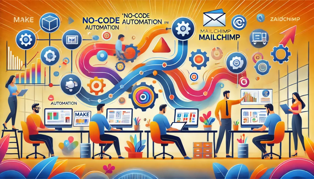 Ilustración moderna que representa la automatización no-code en marketing. Un equipo de agencia conecta herramientas visuales como Make, Zapier y Mailchimp en un entorno colaborativo.