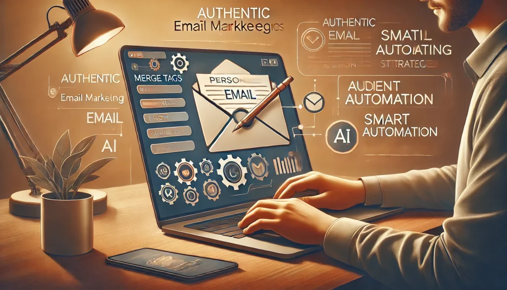 Ilustración moderna de email marketing personalizado. Muestra a una persona redactando un email adaptado con etiquetas dinámicas, segmentación y automatización inteligente.