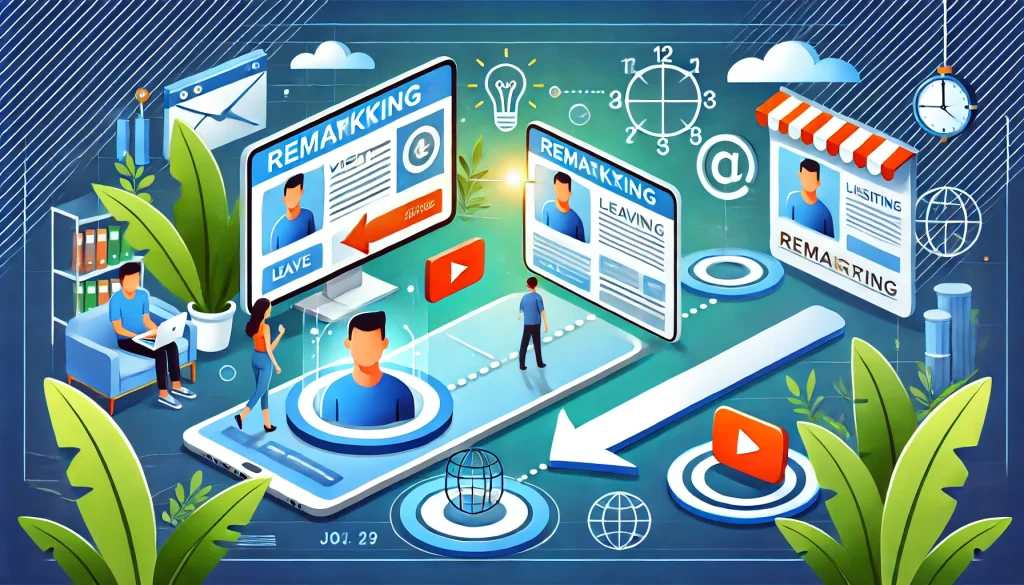 Aquí tienes la imagen destacada para tu artículo sobre remarketing, creada con DALL·E (modelo de generación de imágenes de OpenAI). Representa visualmente el recorrido típico del remarketing: un usuario visita un sitio web, lo abandona y luego es impactado con un anuncio personalizado.