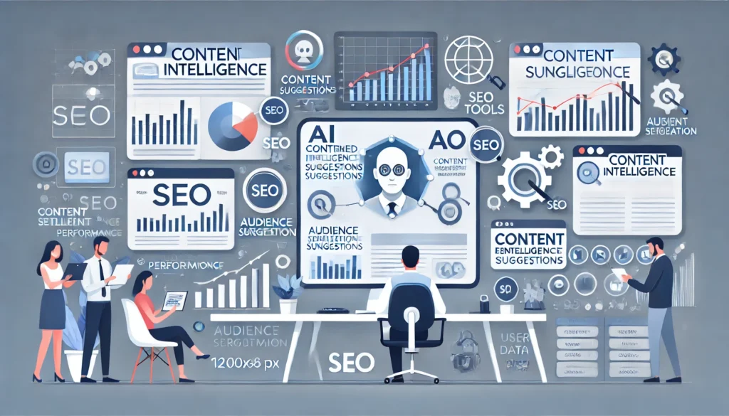 Ilustración profesional de Content Intelligence en marketing digital. Muestra a una estratega analizando sugerencias de contenido con IA, gráficos de rendimiento y datos de usuario en un entorno moderno y tecnológico