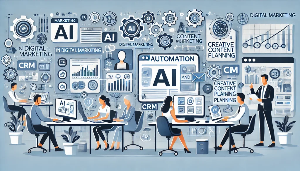 Ilustración profesional sobre IA y automatización en marketing digital. Muestra a un equipo trabajando con herramientas como CRM, flujos automatizados y generación de contenido con IA en un entorno moderno y tecnológico.