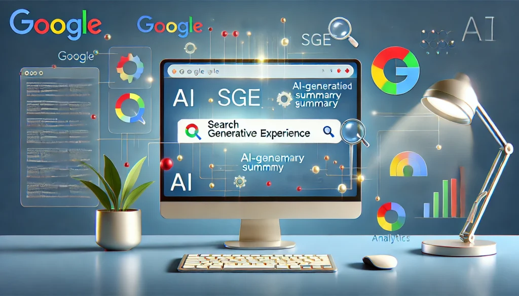 Ilustración sobre Google SGE con resultados generados por IA en el buscador. Destaca el nuevo bloque de respuestas y enlaces orgánicos, ideal para un artículo SEO.