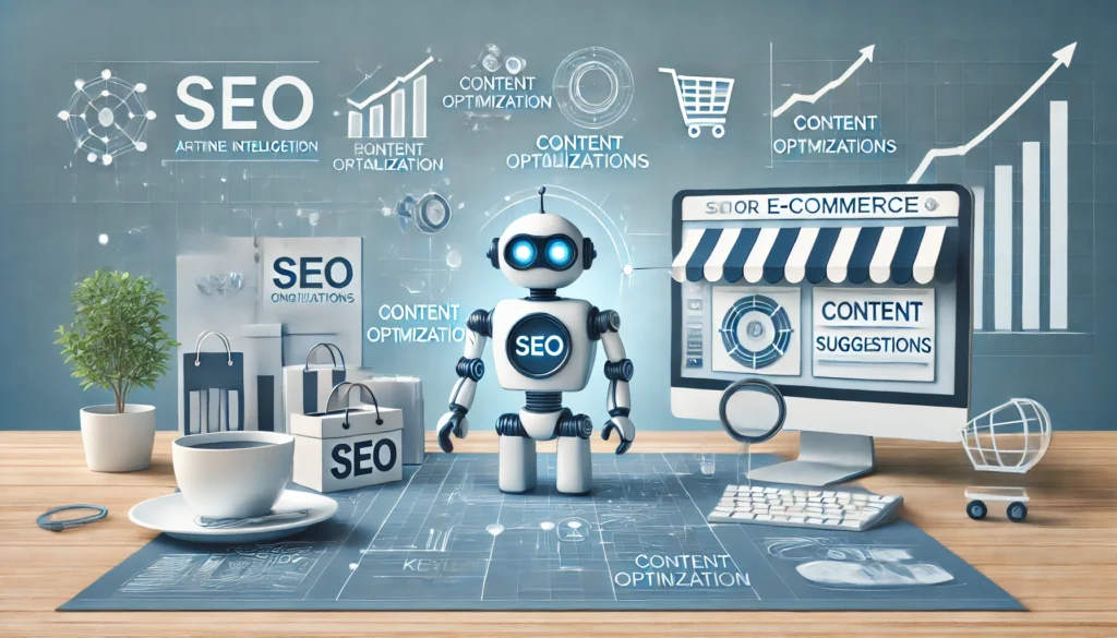 Ilustración horizontal sobre el uso de IA en SEO para e-commerce. Muestra un asistente virtual optimizando una tienda online con análisis, palabras clave y gráficos de crecimiento.
