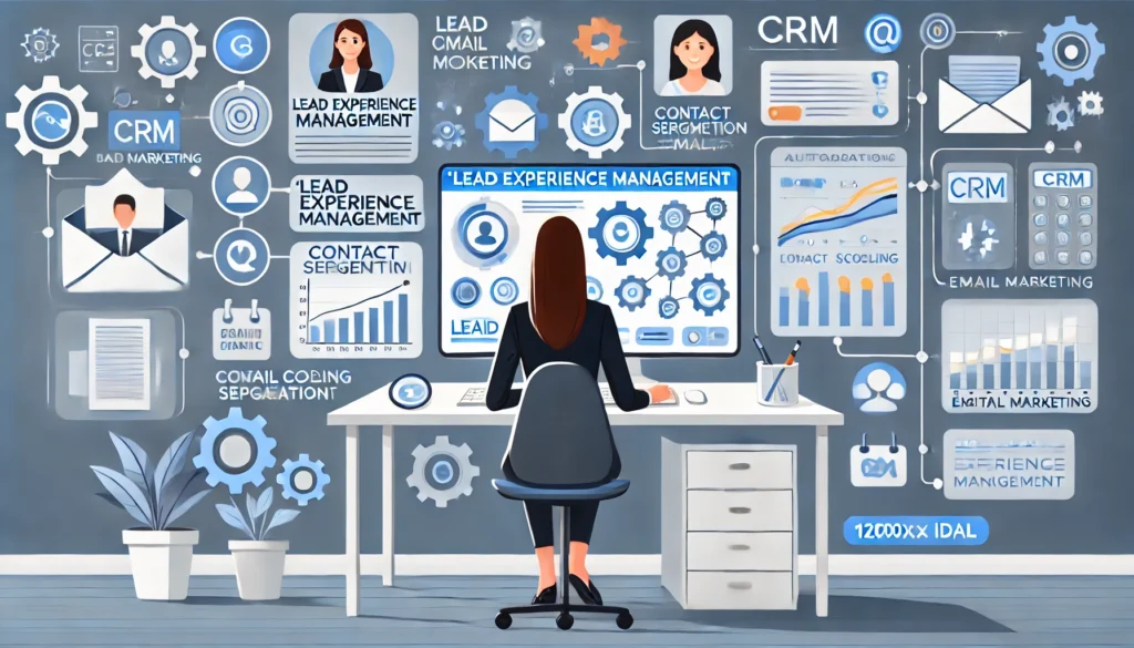 Ilustración profesional de Lead Experience Management: una especialista analiza datos de CRM con flujos automatizados, segmentación y seguimiento personalizado de leads. Imagen representativa de automatización de procesos comerciales en marketing digital.