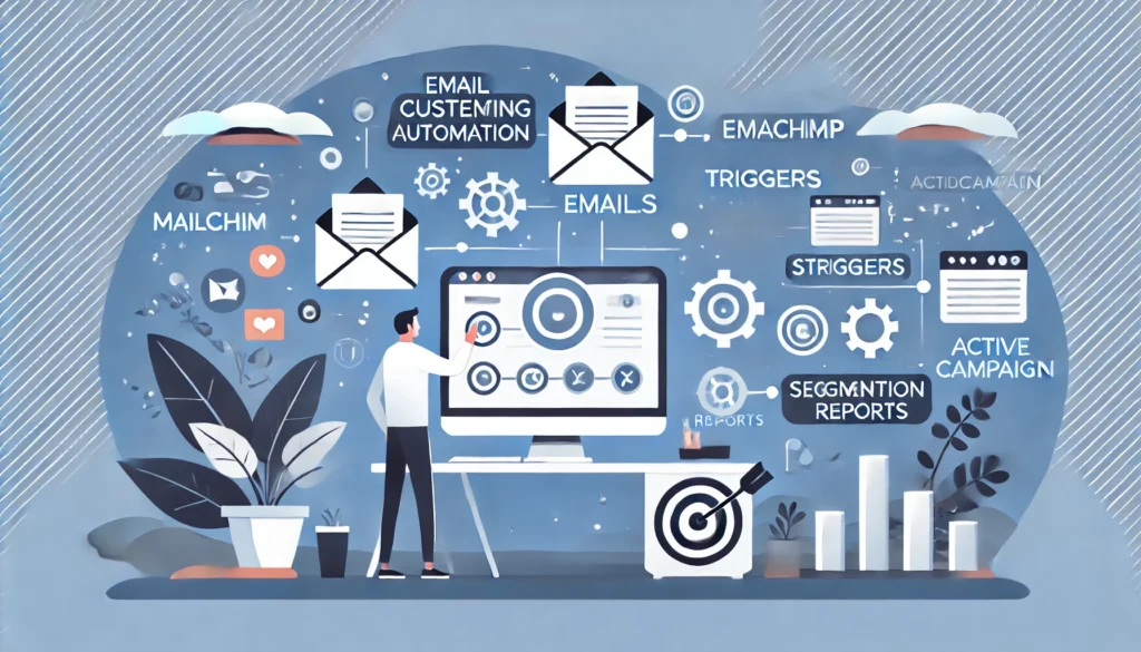 Ilustración sobre automatización de campañas de email marketing. Un profesional diseña flujos con emails, disparadores y segmentación en una interfaz moderna.