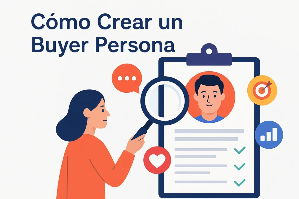 Ilustración de una mujer creando un buyer persona paso a paso - Jazzy Lab Mkt