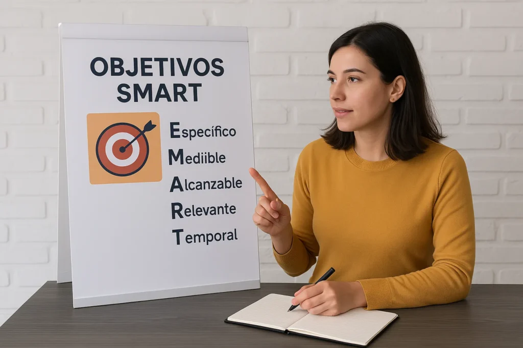 Fotografía de una mujer explicando objetivos SMART en una oficina - Jazzy Lab Mkt
