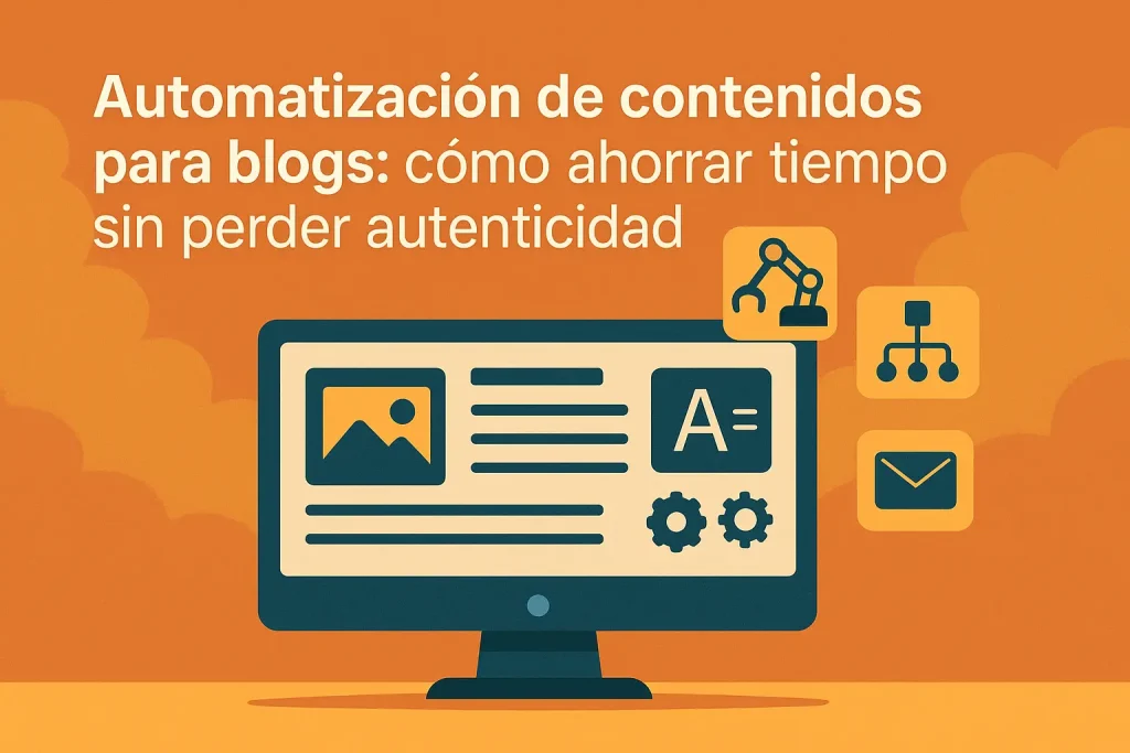 Ilustración digital moderna sobre automatización de contenidos en blogs. Muestra una pantalla con flujo editorial, IA y herramientas organizativas, en tonos cálidos y estilo minimalista.