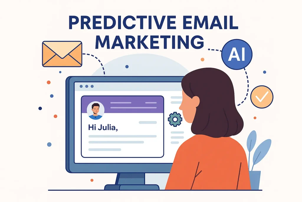 Ilustración digital moderna de email marketing predictivo con IA. Muestra un correo personalizado generado en tiempo real con datos y automatización inteligente.